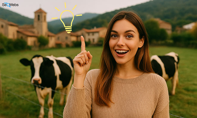 Mujer emprendedora teniendo una idea en un entorno rural con vacas al fondo
